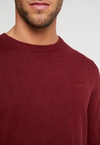 Nahaufnahme eines Mannes mit leichtem Bart, der einen schlichten bordeauxfarbenen Rundhalsausschnitt-Pullover mit dezentem Esprit-Logo auf der Brust trägt.