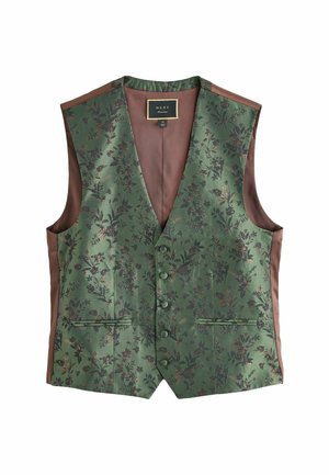 Gilet à motif floral en tissu vert avec des côtés en satin marron, présentant un décolleté en V profond, cinq boutons et deux poches avant.