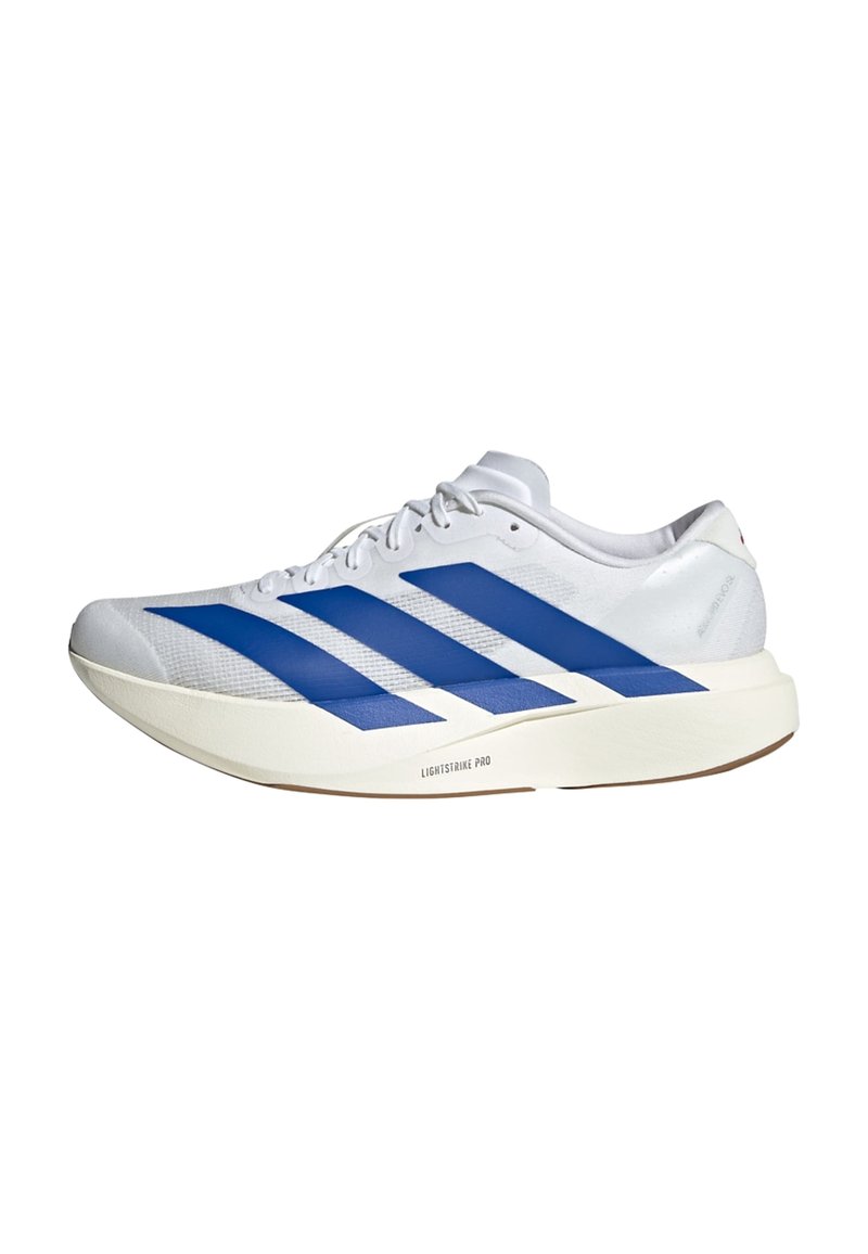 White running shoe with three blue stripes, textured upper, and lightweight sole. Features "LIGHTSTRIKE PRO" branding on the sole.