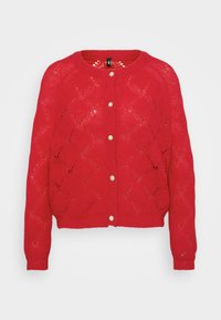 Rode gebreide cardigan met een diamanten patroon, ronde halslijn en vijf stoffen knopen aan de voorkant. Lange mouwen met ribbels aan de manchetten.