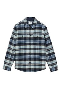 Camicia flanella con bottoni in plaid blu chiaro, blu navy e marrone. Presenta un colletto classico, due tasche sul petto e bottoni neri. Tessuto morbido.