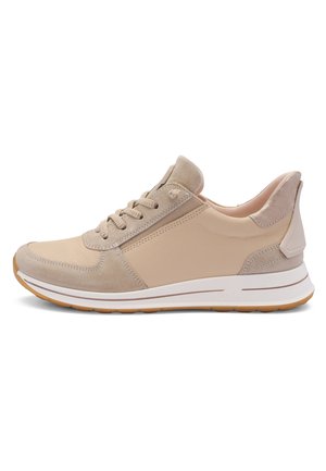 Beige and light taupe suede and leather sneaker with lace-up front, cushioned collar, white midsole, and gum rubber outsole, side view.