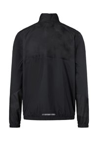 Veste coupe-vent noire avec col montant, manches longues, poignets et ourlet élastiques, vue de dos avec une petite bande réfléchissante en bas.