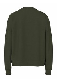 Tamsiai žalia džemperis su apvalia iškirpte, ilgomis rankovėmis ir ribotu rankogalių bei apačios kraštu. Lygus audinys, laisvo silueto ir minimalios dizaino detalės.