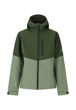 Outdoorjacke mit Kapuze in zwei Grüntönen, vorne mit Reißverschluss, Brusttasche, Seitentaschen und verstellbaren Ärmelbündchen.