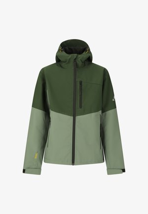 Hupullinen ulkotakki kahdessa vihreän sävyssä, jossa vetoketju edessä, rintatasku, sivutaskut ja säädettävät hihansuut.