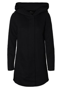 Cappotto lungo nero con cappuccio, caratterizzato da una texture liscia, apertura frontale senza bottoni e un taglio dritto. Nessun motivo o accento visibile.