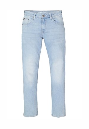 Lichtblauwe denim jeans met rechte pijpen, vijf zakken en een knoopsluiting. Licht verweerde textuur met een subtiel waseffect.