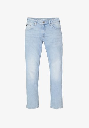 Lichtblauwe denim jeans met rechte pijpen, vijf zakken en een knoopsluiting. Licht verweerde textuur met een subtiel waseffect.
