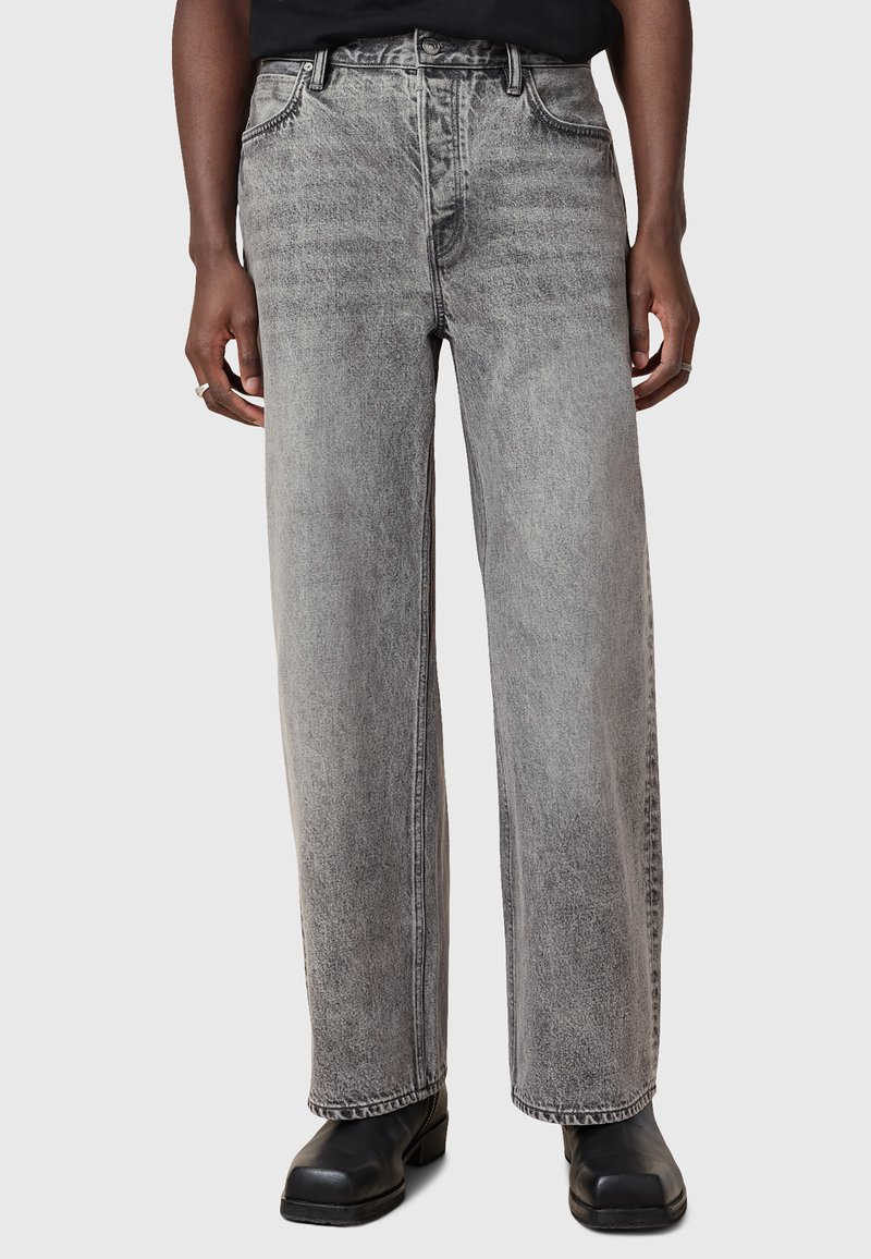 Light gray wide-leg jeans made from denim, featuring a faded texture, belt loops, and traditional five-pocket design.