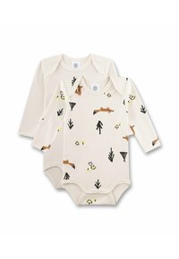 Twee langesleeve baby rompertjes van beige katoen. Het ene heeft prints met een vos en natuurthema's; het andere is effen van kleur en heeft een ronde hals.