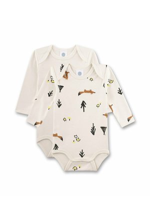 Zwei langärmlige Baby-Bodysuits aus beiger Baumwolle. Einer hat Drucke mit einem Fuchs und Motiven aus der Natur; der andere ist einfarbig mit einem runden Ausschnitt.
