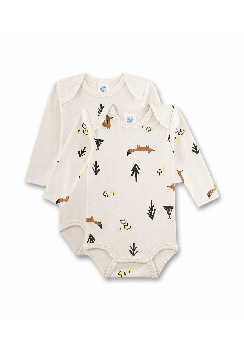 Twee langesleeve baby rompertjes van beige katoen. Het ene heeft prints met een vos en natuurthema's; het andere is effen van kleur en heeft een ronde hals.