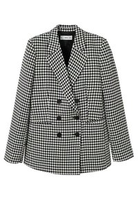 Blazer doppiopetto in fantasia pied de poule, realizzato in tessuto tessuto con tonalità bianco e nero, dotato di grandi bottoni neri e tasche laterali.