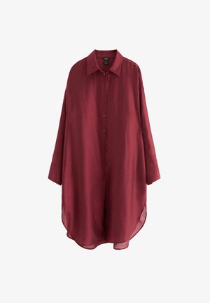 Langærmet burgunder knap-up skjortekjole med krave, let buet kant og løs pasform.
