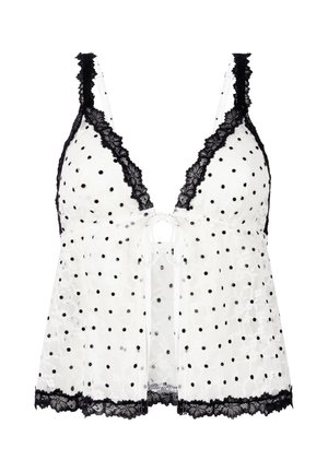 Haut de lingerie blanc transparent à pois avec bordure en dentelle noire sur les bretelles, l'encolure et l'ourlet, avec une petite fermeture à nouer à l'avant.