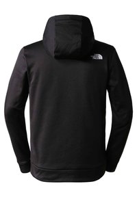 Sweatshirt à capuche noire en matériau doux. Présente un design épuré, des manches longues et un petit logo sur l'épaule droite.