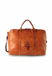 Sac de voyage en cuir, marron moyen, texture douce, fermeture éclair, deux poignées supérieures, bandoulière réglable, poche avant avec détail de sangle.