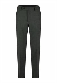 Grau maßgeschneiderte Hose aus einem strukturierten Stoff mit geradem Schnitt, ausgestattet mit einem Knopfverschluss und zwei Vorderaschen.