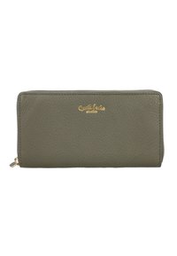 Olive green leather zip-around wallet with textured surface and small gold logo reading "Gusti Leder studio" on front.
