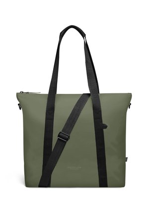 Olivengroene rechthoekige draagtas met twee lange zwarte schouderriemen en een verstelbare zwarte crossbodyriem, bovenkant met ritssluiting.