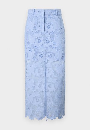 Light blue lace midi skirt with floral pattern, a high waist, belt loops, and a front slit.