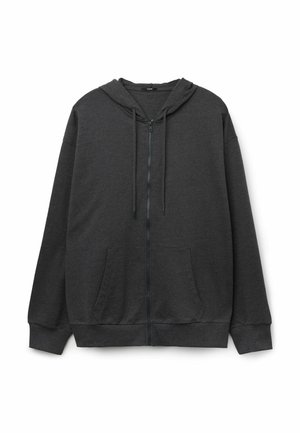 Dunkelgrauer Zip-Hoodie aus weichem Stoff, mit gefütterter Kapuze, Kordeln und Fronttaschen. Einfaches Design mit gerippten Bündchen.