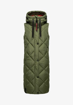 Olivgrüner, gesteppt langer Weste mit Kapuze, ausgestattet mit einem Frontreißverschluss, Knopfverschluss und schwarzen Riemen; glatte Textur und strapazierfähiges Material.