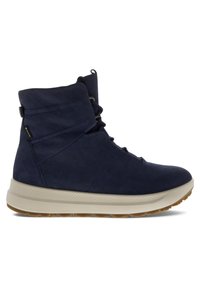 Navy blue high-top shoe made of smooth leather with a textured upper, rubber sole, and lace-up design; features a cushioned collar.