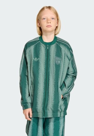 Green track jacket with subtle lighter stripes, zip closure, ribbed collar, and logo detail on chest. Features relaxed fit and two pockets.