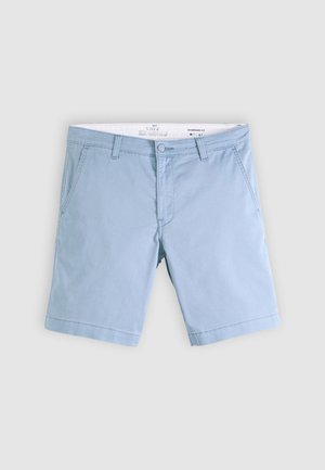 Light blue men's chino shorts with front pockets, belt loops, and button closure, laid flat on a light gray background.