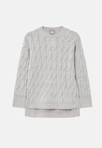 Light gray cable-knit sweater with long sleeves, crew neck, and ribbed cuffs and hem, displayed flat on a white background.