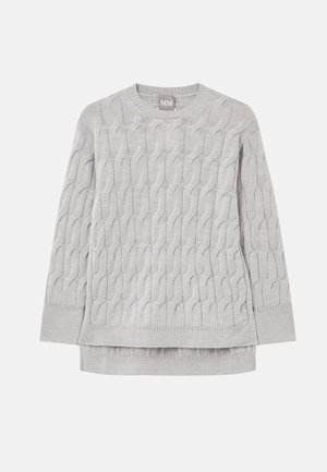 Light gray cable-knit sweater with long sleeves, crew neck, and ribbed cuffs and hem, displayed flat on a white background.