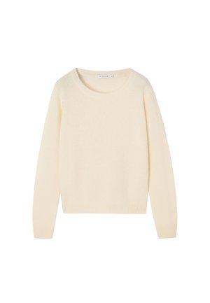 Cream-colored sweater made from soft material, featuring a round neckline, long sleeves, and ribbed cuffs and hem. Simple design.
