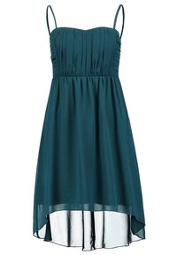Robe sans manches bleu sarcelle foncé avec fines bretelles, buste froncé, ourlet asymétrique et superposition de tissu léger semi-transparent.