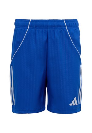 Niebieskie sportowe szorty z białymi paskami po bokach i elastycznym pasem, z małym białym logo Adidas na lewej nodze.