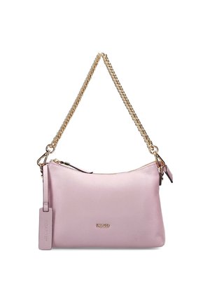 Rosa Leder-Crossbody-Tasche mit strukturiertem Finish, goldener Kettenriemen und Reißverschluss. Verfügt über ein kleines Logo-Tag zur Markenkennzeichnung.