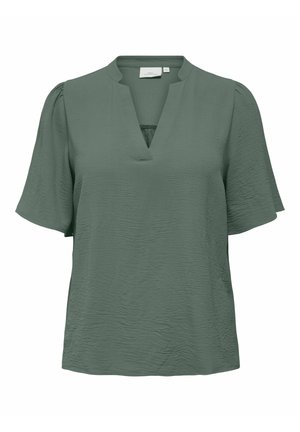 Grøn kortærmet bluse med tekstureret stof, V-hals og let puffede ærmer.
