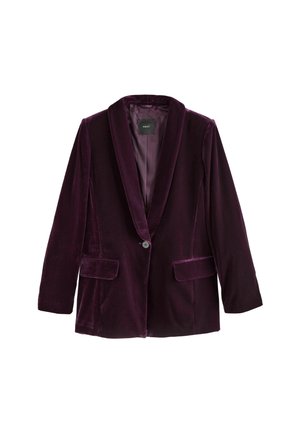 Dámský tmavě fialový sametový blazer s šálovým límcem, zapínáním na jeden knoflík a předními klopovými kapsami, ležící na bílém pozadí.