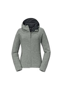 Graue Zip-Jacke mit Kapuze, aus strukturiertem Stoff, mit zwei seitlichen Taschen und einem schwarzen Innenfutter. Mittellange Ärmel und taillierte Passform.