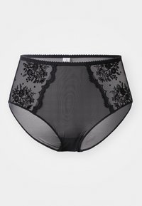 Schwarze hochgeschnittene Panties mit Spitzenrand, floralen Stickereien, transparentem Netzmaterial, gezackten Details und elastischem Bund.
