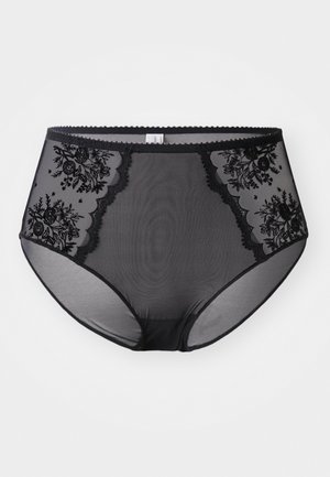 Black lace-edged high-waisted brief with floral embroidery, sheer mesh body, scalloped detailing, and elastic waistband.