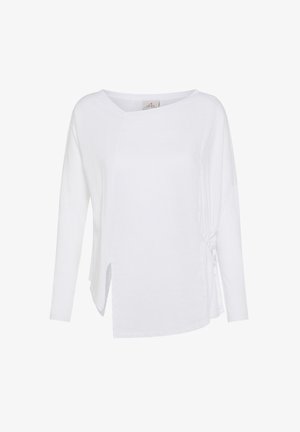 Langärmliges weißes Oberteil mit lockerer Passform, seitlichem Schlitz und verstellbarem Bindeband in der Taille, aus leichtem Stoff gefertigt.