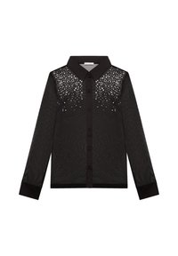 Schwarzes Langarmshirt aus sheer Stoff mit verzierten Pailletten am oberen Vorderteil. Es verfügt über einen klassischen Kragen und eine Knopfleiste.
