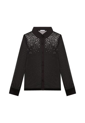 Schwarzes Langarmshirt aus sheer Stoff mit verzierten Pailletten am oberen Vorderteil. Es verfügt über einen klassischen Kragen und eine Knopfleiste.