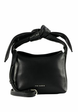 Schwarze Lederhandtasche von Ted Baker mit geknotetem oberen Griff und verstellbarem Schulterriemen, kleines rechteckiges Format, glatte Oberfläche.