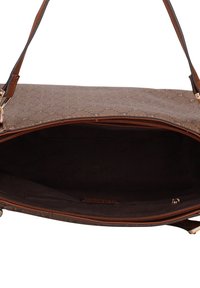 Bruine shopper met patroon, leren accenten, ritssluiting en ruime binnenkant met donkere stoffen voering en een zijvak.