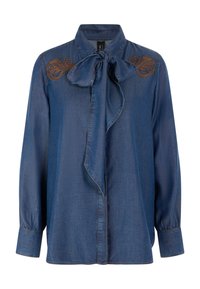 Denim shirt in dark blue with long sleeves, bow tie collar, and brown embroidery accents on shoulders. Soft texture, relaxed fit.