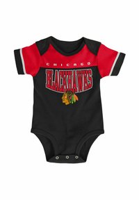 Schwarzer Kurzarm-Strampler mit roten Akzenten, "Chicago Blackhawks" Aufschrift und Team-Logo auf schwarzem Hintergrund. Druckknopfverschluss am Boden.