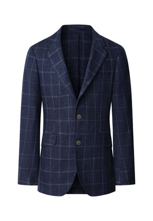 Marineblauwe wollen blazer met lichtgrijs ruitpatroon, met splitkraag, twee knopen, klepzakken en een getailleerde pasvorm.